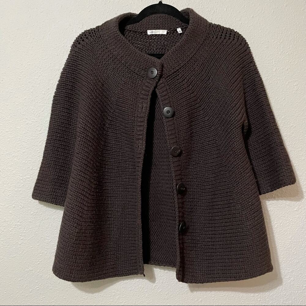 Vince Brown Chunky Knit 1/2 Sleeve Dark Academia Cardigan Sweater Buttons Small